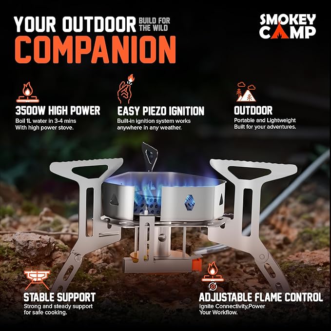3500W Camping Stove, Backpacking Windproof Camp Stove with Piezo Ignition Carrying Case and 2 Additional Adapters, Compatable with Isobutane, Propane, Butane Tanks, Portable and Collapsible