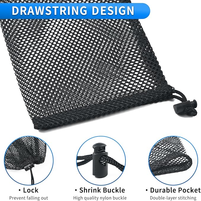10 Pcs Mesh Drawstring Bag 6" x 8" with Cord Lock Closure, Durable Mesh Bag for Laundry Travel Beach Toys Seashell Collecting (Black)