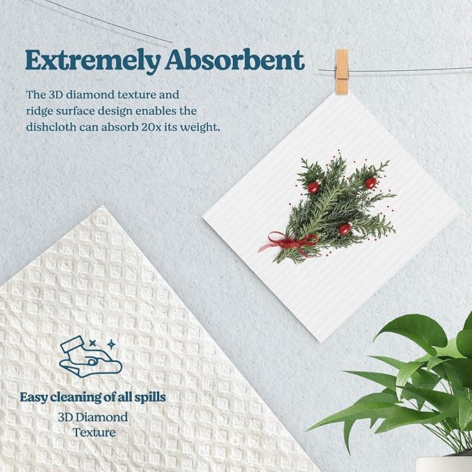 Swedish Dishcloths for Kitchen, Christmas Wreath Xmas Winter Kitchen Dish Towels for Washing Dishes, 4 Pack Reusable Paper Towels, Sponge Cloths for Holiday Home Cleaning Baking Cooking
