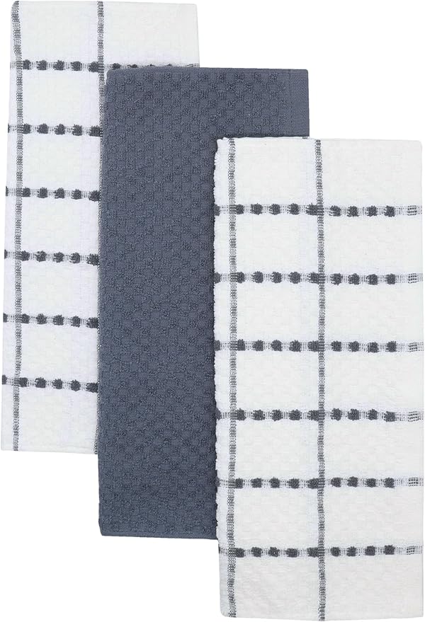 Cotton Dish Towels for Kitchen Drying Dishes, Set of 3, Terry Kitchen Hand Towels, Light and Soft Tea Towels for Baking, 15 Inch x 25 Inch (Grey Set)