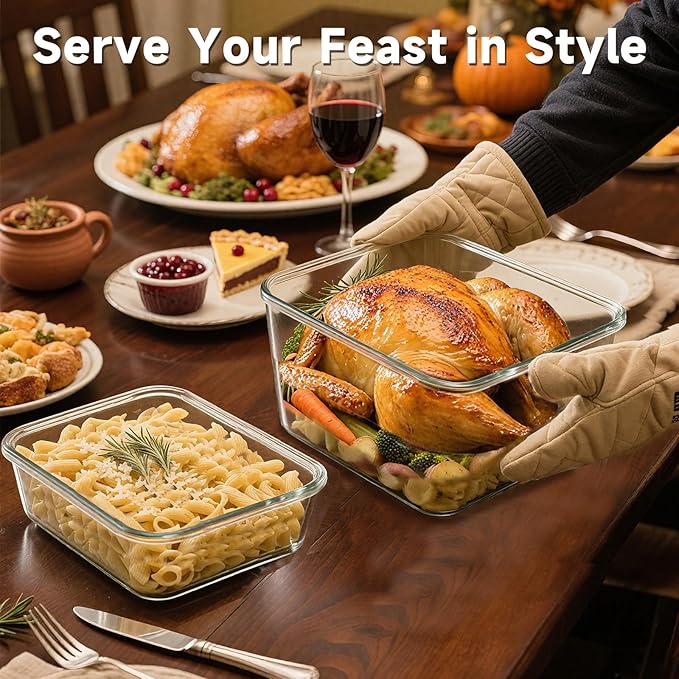KOMUEE 203oz & 74oz Extra Large Glass Food Storage Containers with Airtight Lids, 2 Piece Big Glass Containers Set, Ideal for Storing Rotisserie Chicken, Lasagna, Salads, Fruits, Leak-proof & BPA-Free