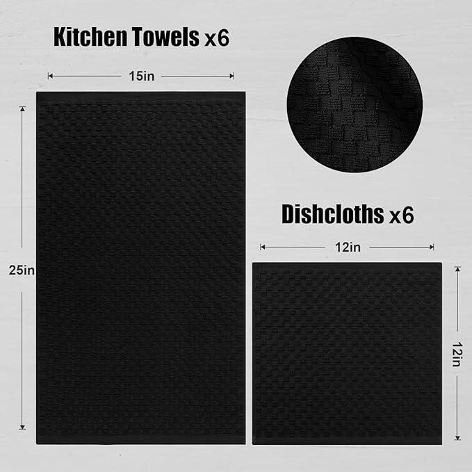 Fintale 100% Cotton Kitchen Towels and Dishcloths Set, 12 x 12 & 15 x 25 Inches, Set of 12 Bulk Super Soft and Absorbent Terry Cloth Dish Towels, Quick Drying Hand Towels with Hanging Loop, Black
