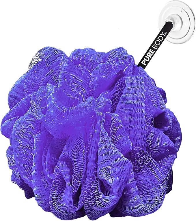 Large Purple Bath Sponge Pack of 3 – Gentle Exfoliation Loofahs with Suction Cup for Easy Drying, Soft 70G Mesh Poufs for All Skin Types, Lather for Daily Use