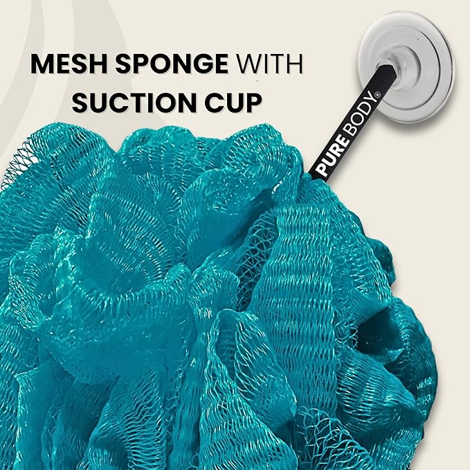 Large Bath Sponge Pack of 3 – Gentle Exfoliation Loofahs with Suction Cup for Easy Drying, Soft 70G Mesh Poufs for All Skin Types, Lather for Daily Use (Tropical Green)