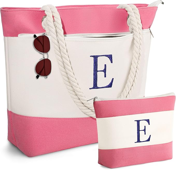 YOOLIFE Christmas Gifts for Women - Personalized Initial Canvas Beach Bags for Women Gifts for Mom Teacher Friend Birthday
