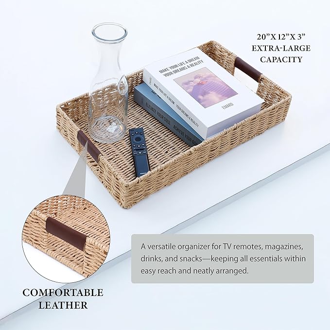 Handwoven Multipurpose Rectangle Rattan Tray, 20” x 12” – Durable Wicker Tray with Leather Handles for Home Decor Display
