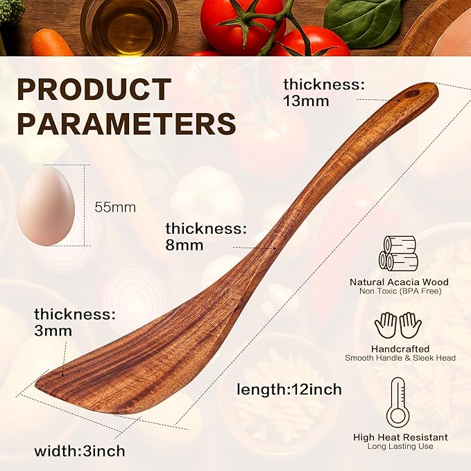 Wooden Spatula Nonstick Turner Acacia Wood, Right Long Handle Flat Frying Spatulas Handmade for Mother Wife Grandma Her Kitchen Gift, Ideal Cookware Utensils for Cooking Eggs, Fish, Pancakes