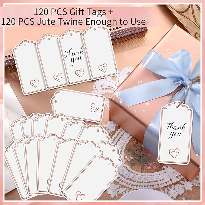 120 PCS Gift Tags with String Attached Foil Rose Gold Heart Paper Tags Writable Blank Tag for Gift Bags Valentine's Day Mother's Day Wedding DIY Craft Project Stocking Stuffers 3.5''×2''