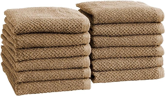 Great Bay Home Taupe Washcloth Set – 100% Cotton 12-Pack 13"x13", Absorbent & Quick-Drying, Soft & Durable