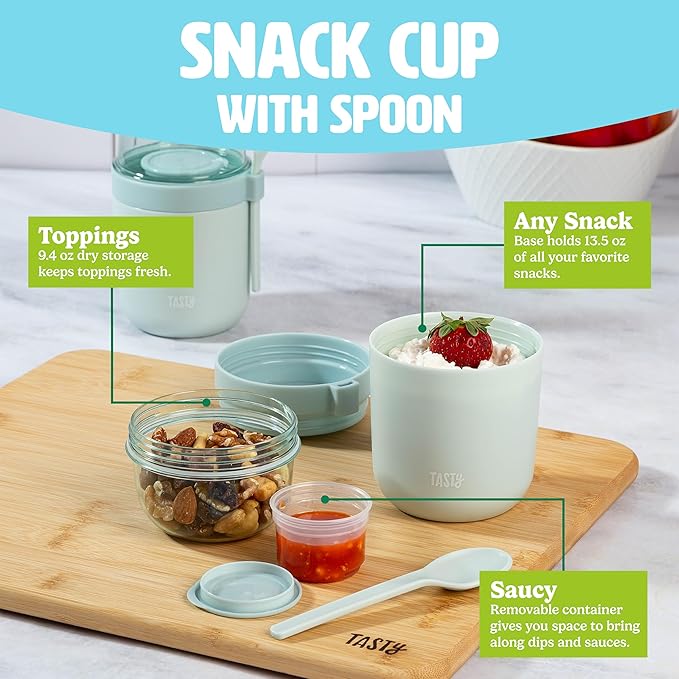 Tasty Travel Snack Cups with Spoons, On-The-Go Snacking, Divided Compartments, Great for Nuts, Cereal, Granola, Yogurt and More, Made Without BPA, 2-Pack, Aqua