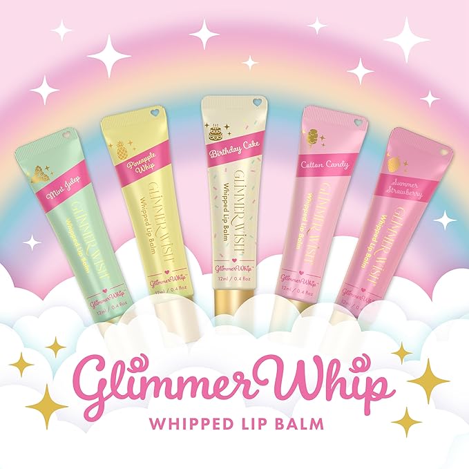 Glimmer Whip – Whipped Lip Balm Dream Set, 5-Flavor Organic Lip Butter Gift Set with Heart-Shaped Applicator, Pink Poof Charm, Dermatologist Tested, Hydrating Organic Oils & Butters, Cruelty-Free
