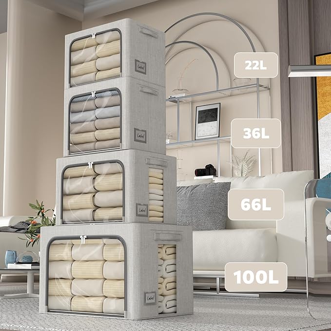 FHSQX 6 Pack Clothes Storage Bins with Metal Frame Foldable Storage Bins for Clothes Linen Fabric Storage Box with Clear Window (Light Grey, 19.7x15.7x13inch(66L))