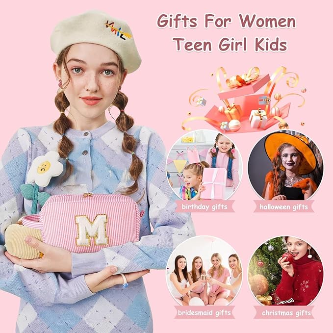 YOOLIFE Initial Makeup Bag for Women - Monogram Cute Pink Makeup Bags Cosmetic Toiletry Pouch Make Up Case for Women Her Best Friend Friendship Sister Teacher, Personalized Birthday Gifts for Women J