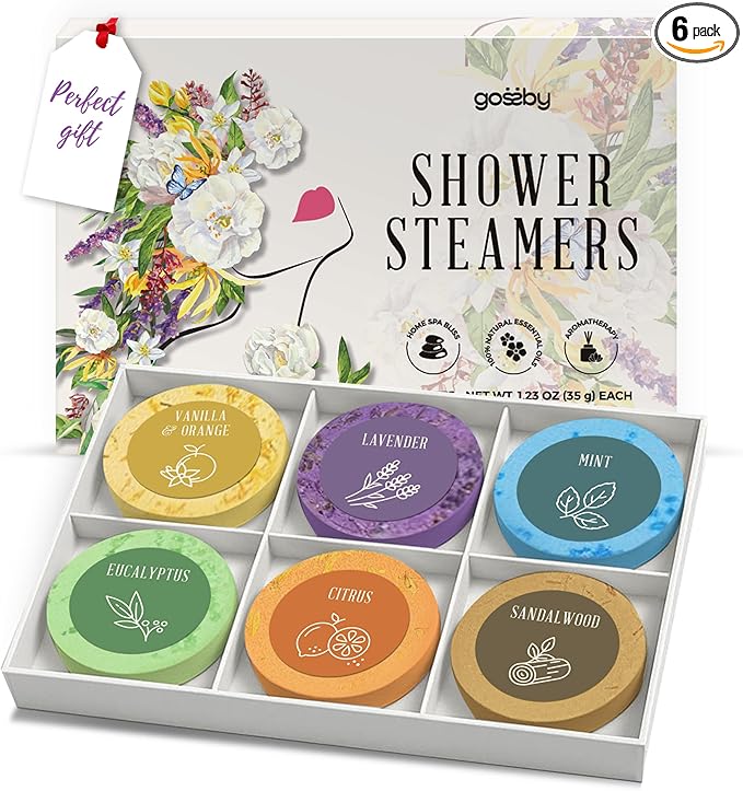 Shower Steamers Aromatherapy GOSSBY 6 Pack - Gifts for Women, Birthday Gifts for Her, Home Spa, Shower Bombs, Self Care, Relaxation, Lavender Essential Oil, Teen Girl Gifts - Serene Essence Style