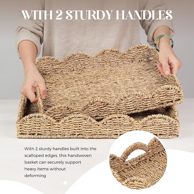 2Pcs - Scalloped Basket, Decorative Basket, Seagrass Tray (17 x 13 x 3 inch - 2Pcs) with Scalloped Edge and Built-in Handles, Rectangle Serving/Rattan/Wicker/Woven/Basket Tray
