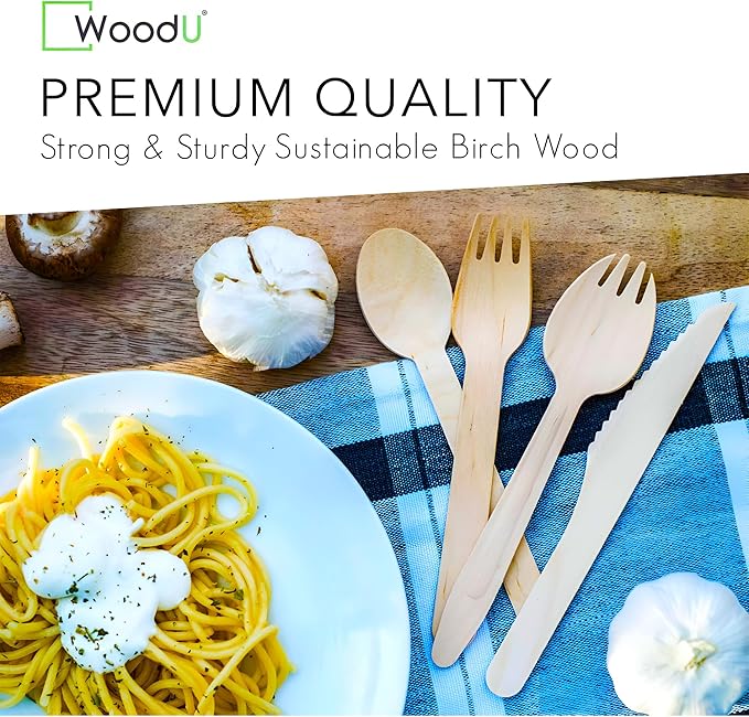 Disposable Wooden Spork by WoodU | 100% All-Natural, Eco-Friendly, Biodegradable, and compostable Spork - Pack of 100-6.5" spork wood cutlery