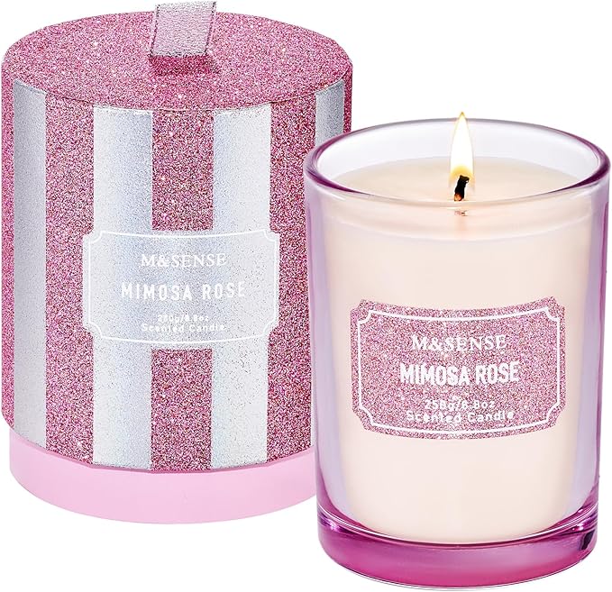 M&SENSE Rose Scented Candles, Classic Size 8.8 oz Glitter Jar Candles, Holiday Candles Gifts for Women, Strong Scented Natural Soy Candle for Winter Home Decor, 50 Hours Long Burning