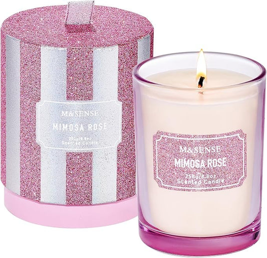 M&SENSE Rose Scented Candles, Classic Size 8.8 oz Glitter Jar Candles, Holiday Candles Gifts for Women, Strong Scented Natural Soy Candle for Winter Home Decor, 50 Hours Long Burning