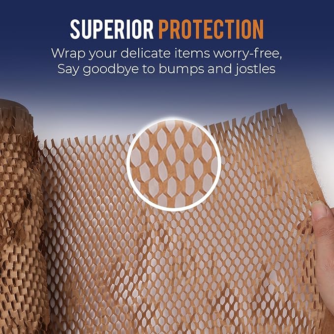 Honeycomb Packing Paper 12" x 35ft with Rope & 20 Fragile Stickers|Shipping & Moving Supplies|Small Business Packaging Supplies|Eco Friendly Bubble Wrap Packing Boxes for Moving Certified FSC C204227
