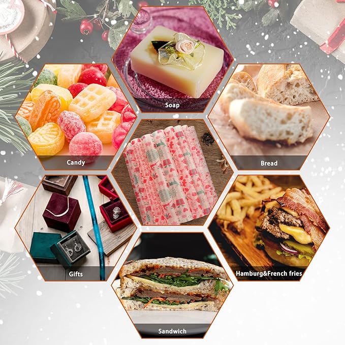 YBB 100Pcs Christmas Deli Wax Paper Sheets for Food, Basket Liners Food Picnic Paper Sheets Greaseproof Deli Wrapping Sheets, 10 x 8.6 Inch (Christmas)