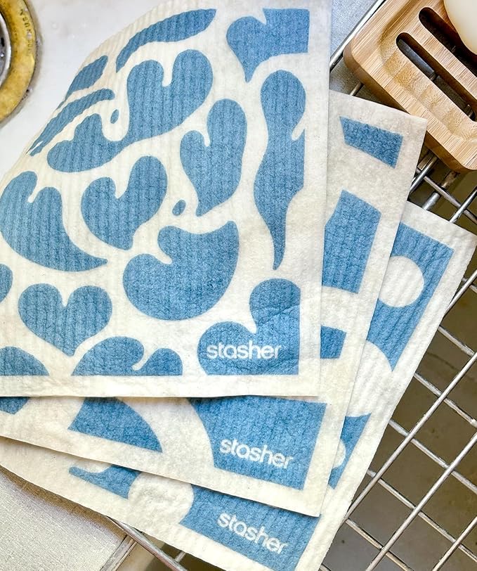 Stasher Reusable Swedish Dishcloths 3-Pack, Geometric Print, 7” W x 8” L, Washable, Absorbent, 100% Biodegradable, Odor & Stain Resistant, Eco-Friendly Kitchen Paper Towel Alternative