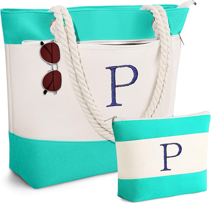 YOOLIFE Christmas Gifts for Women - Personalized Initial Canvas Beach Bags for Women Gifts for Mom Teacher Friend Birthday