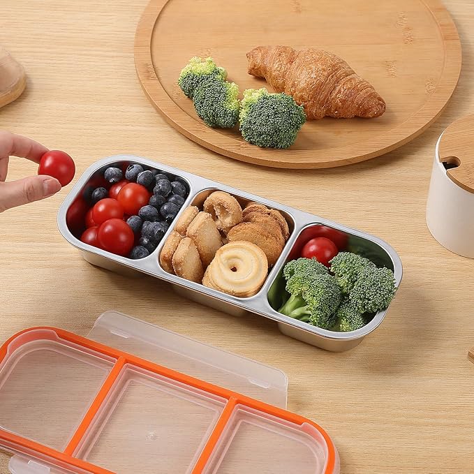 Stainless Steel Snack Containers with Lids, Reusable Condiment Box, 3 Compartment Sauce Cups for Home, Travel