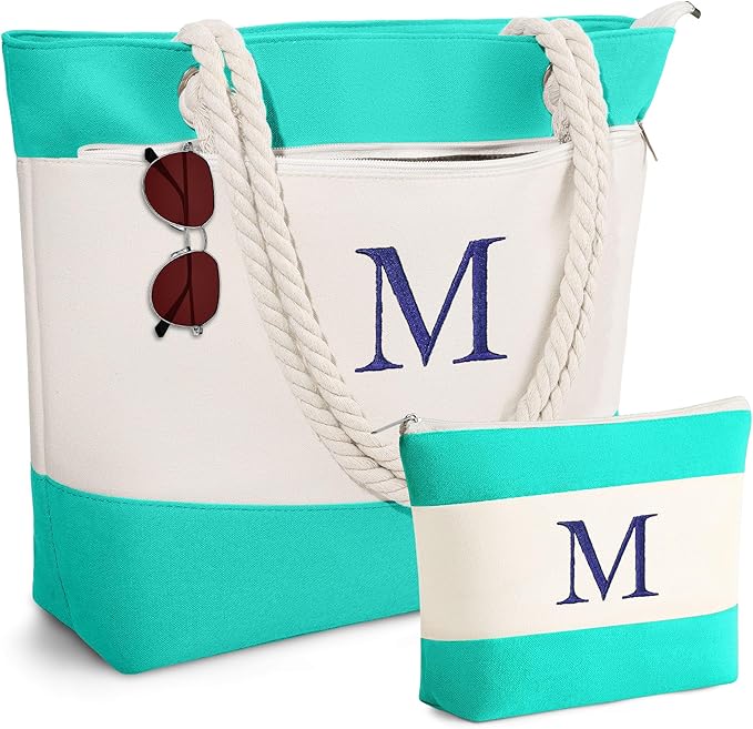 YOOLIFE Christmas Gifts for Women - Personalized Initial Canvas Beach Bags for Women Gifts for Mom Teacher Friend Birthday
