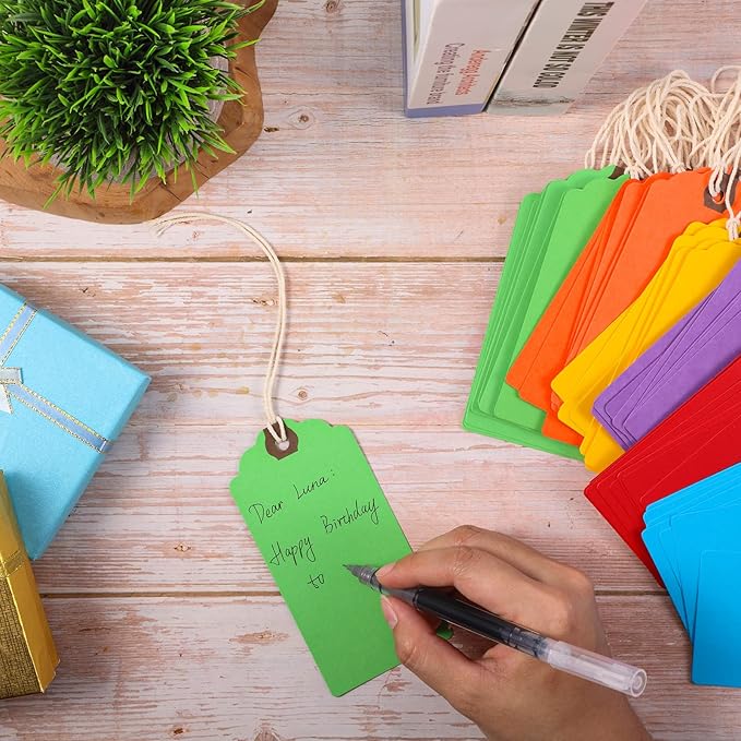 Outus 60 Pcs 4 3/4-in x 2 3/8-in Blank Large Paper Gift Tags with String and Reinforced Eyelet Wire Writable Price Tags Shipping Labels Inventory Labels(Rainbow Colors)