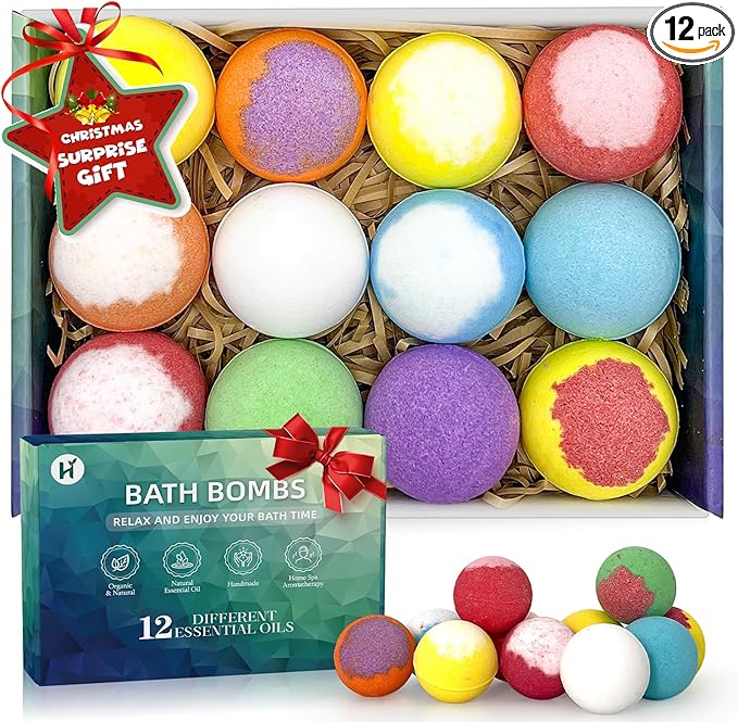 Bath Bombs for Women Mom Her Set, Christmas Stocking Stuffers for Teen Gifts - 12Pack Handmade Natural & Organic, Spa Relaxing Birthday Gifts for Men, Aromatherapy Bubble Bath, White Elephant Gifts