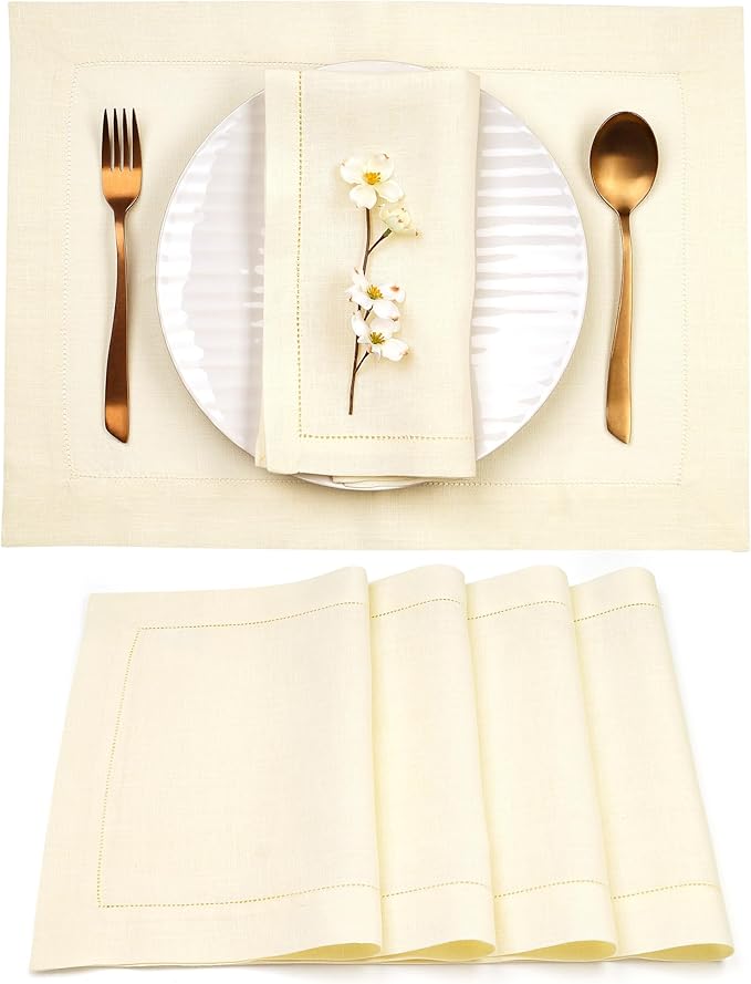 D'Moksha Homes Cream Linen Cloth Placemats Set of 4-100% Pure Linen Hemstitch Placemats 14 x 19 Inch - Classic Hemstitch Table Place Mats for Christmas, Holiday - Handcrafted and Machine Washable