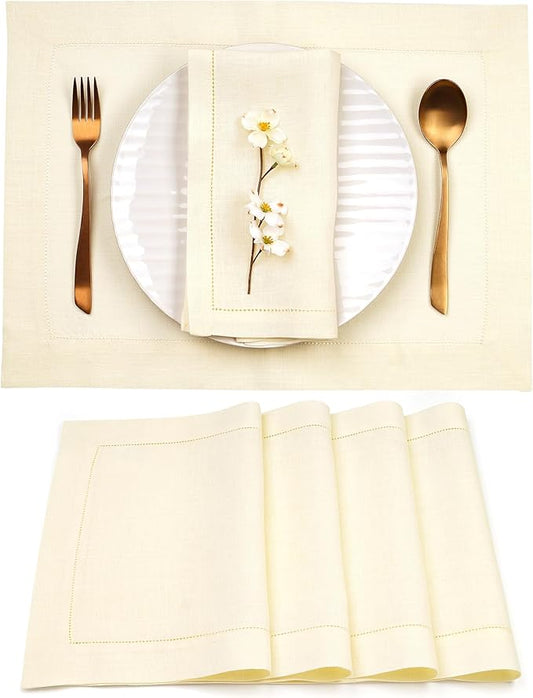 D'Moksha Homes Cream Linen Cloth Placemats Set of 4-100% Pure Linen Hemstitch Placemats 14 x 19 Inch - Classic Hemstitch Table Place Mats for Christmas, Holiday - Handcrafted and Machine Washable