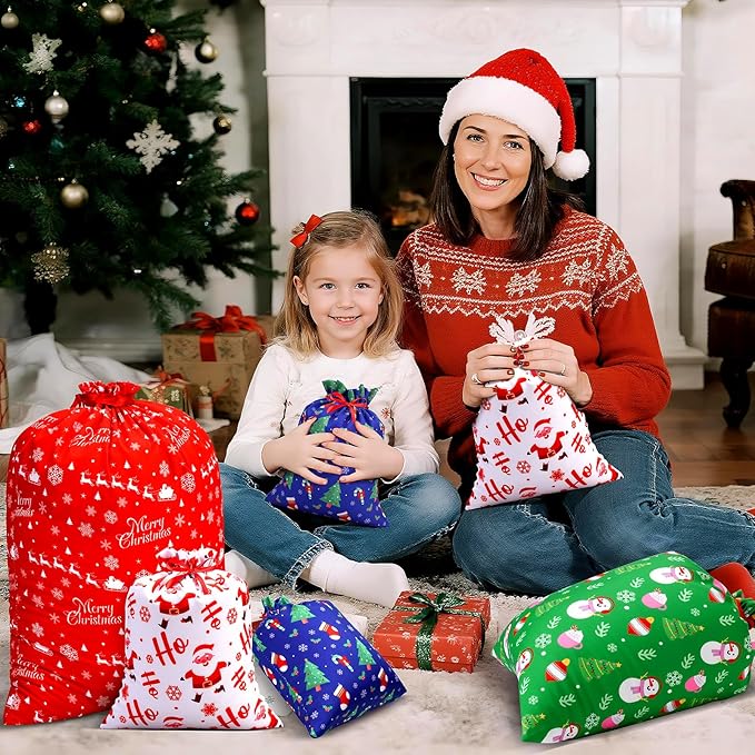 ARGCONNER 12 Pcs Christmas Drawstring Gift Bags, Assorted Reusable Fabric Gift Wrapping Bags in 4 Sizes and Designs for Gifts Xmas Party Holiday Favors