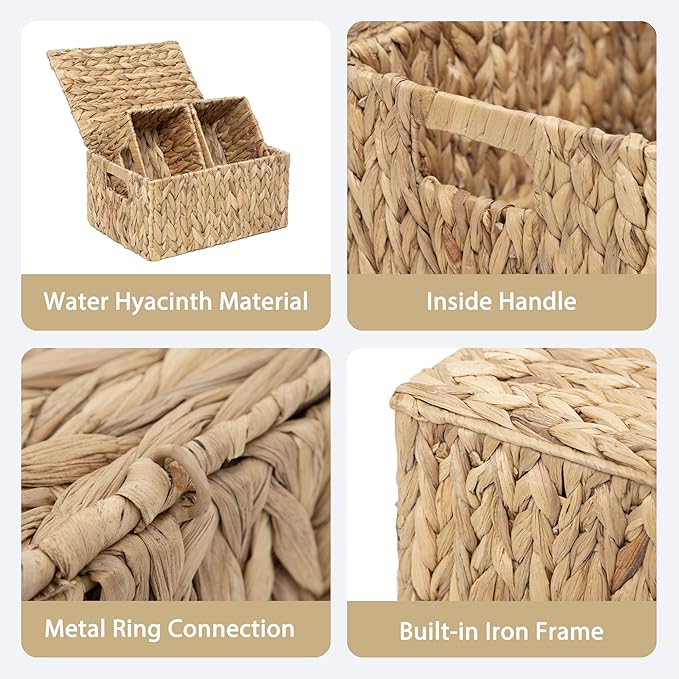 Water Hyacinth Storage Baskets with Handles Set of 3 , Handmade Natural Woven basket with lid, Rustic Farmhouse Style for Shelf Home Organization
