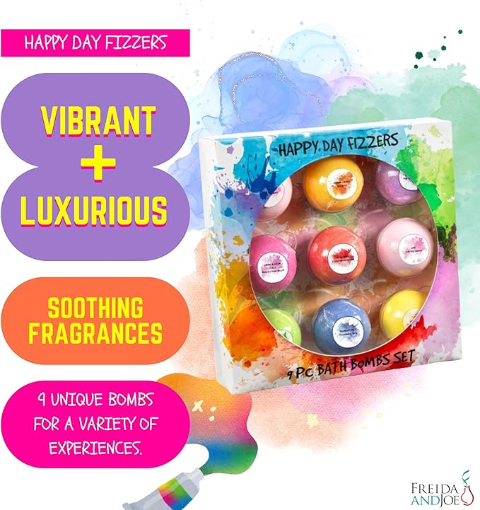 Happy Day Fizzers Aromatherapy 9 Pcs Large Bath Bomb Gift Set for Women – Relaxing Aromatherapy Home Spa Birthday Christmas Gifts for Mom (Happy Day Fizzer 2.0)