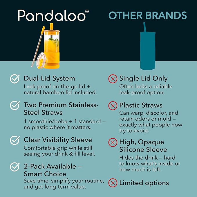 Pandaloo® Glass Cups With Lids and Straws -20 Fl Oz- Perfect Size Iced Coffee Cup - Smoothie Cup With Bamboo Lid and On the go Lid - Glass Tumbler With Straw (1 Count (Pack of 1), Maracuja Dream)