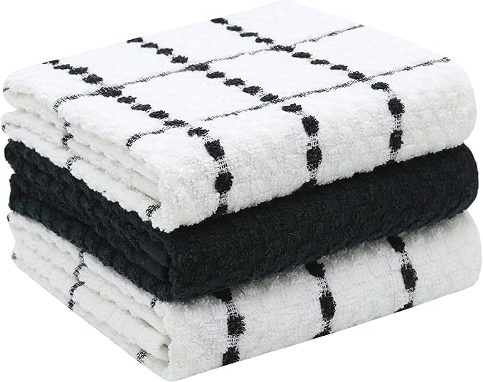 Cotton Dish Towels for Kitchen Drying Dishes, Set of 3, Terry Kitchen Hand Towels, Light and Soft Tea Towels for Baking, 15 Inch x 25 Inch (Black Set)