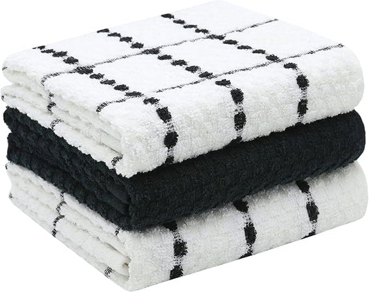 Cotton Dish Towels for Kitchen Drying Dishes, Set of 3, Terry Kitchen Hand Towels, Light and Soft Tea Towels for Baking, 15 Inch x 25 Inch (Black Set)