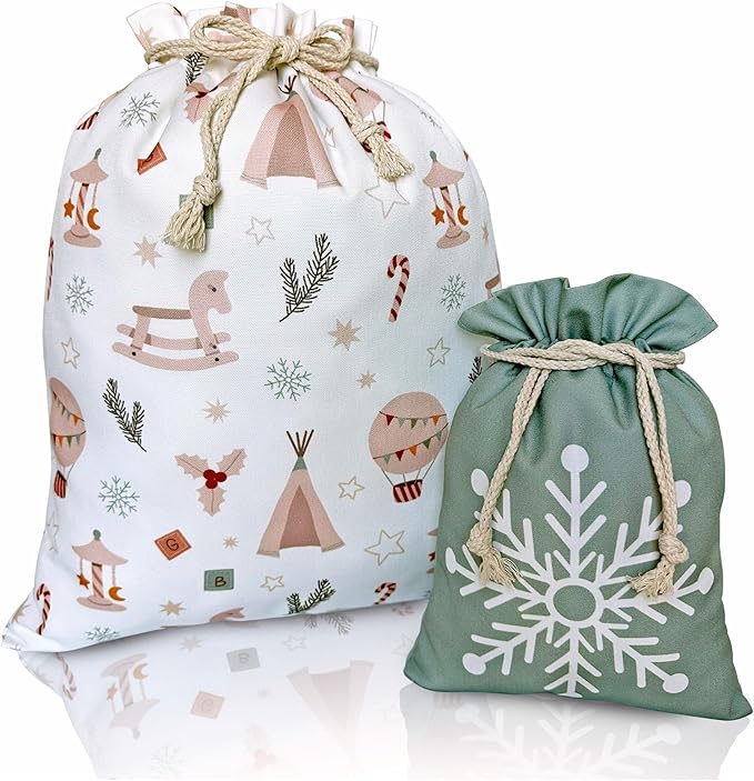Gather & Knot Drawstring Christmas Gift Bags | Boho Toy | Premium Canvas | Reusable Fabric Gift Wrap for Holidays | Large