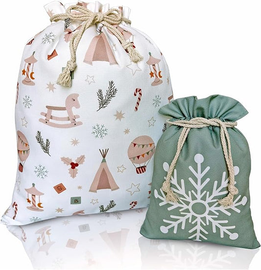 Gather & Knot Drawstring Christmas Gift Bags | Boho Toy | Premium Canvas | Reusable Fabric Gift Wrap for Holidays | Large