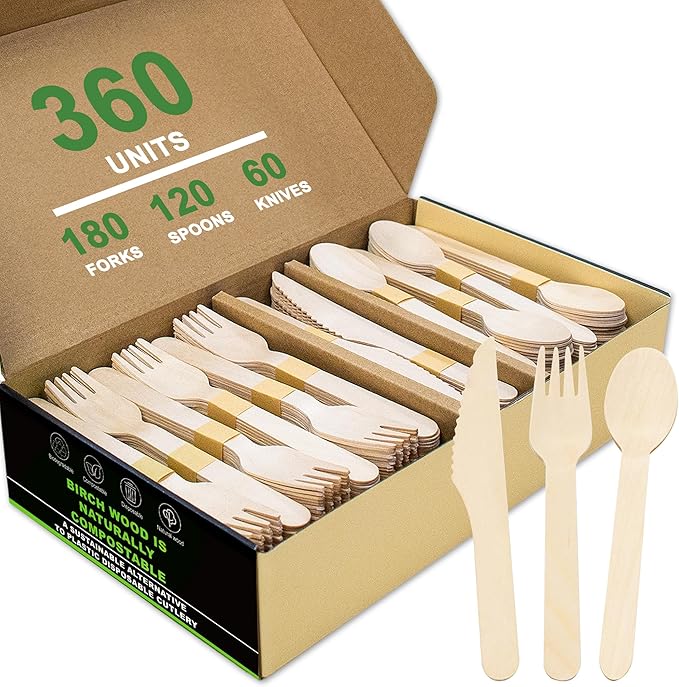 Wooden Compostable Utensils Set - 360 Pieces Wooden Cutlery Set Disposable (180 Forks, 60 Knives, 120 Spoons), Eco Friendly ＆ Plastic-free, 100% Biodegradable Utensil Bulk for Party