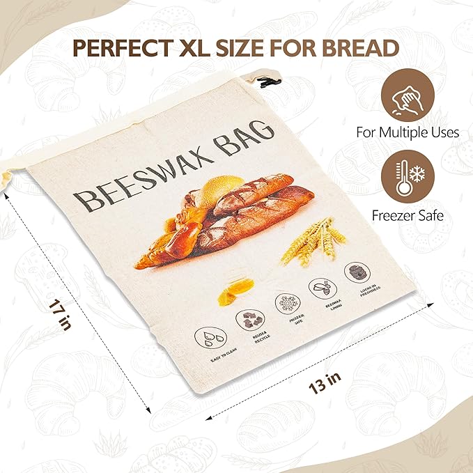 3-Pack Reusable Beeswax Bread Bags for Homemade Bread Sourdough, 2 Natural Beeswax 100% Linen Moisture-proof Lined Storage Bags with Buckle& 1 Bowl Covers –Keeps Bakes Fresh Longer (Bread print color)