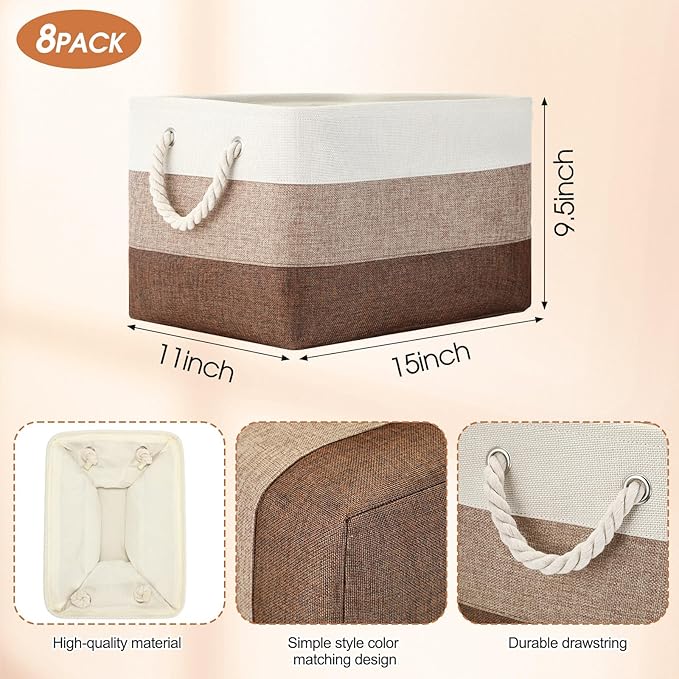 meekoo 8 Pack Collapsible Storage Bins Fabric Storage Bins Polyester Fabric Baskets with Handles Linen Closet Organizer for Shelf Home Closet Towels Toys(15 x 11 x 9.5 in,Mixed Beige)