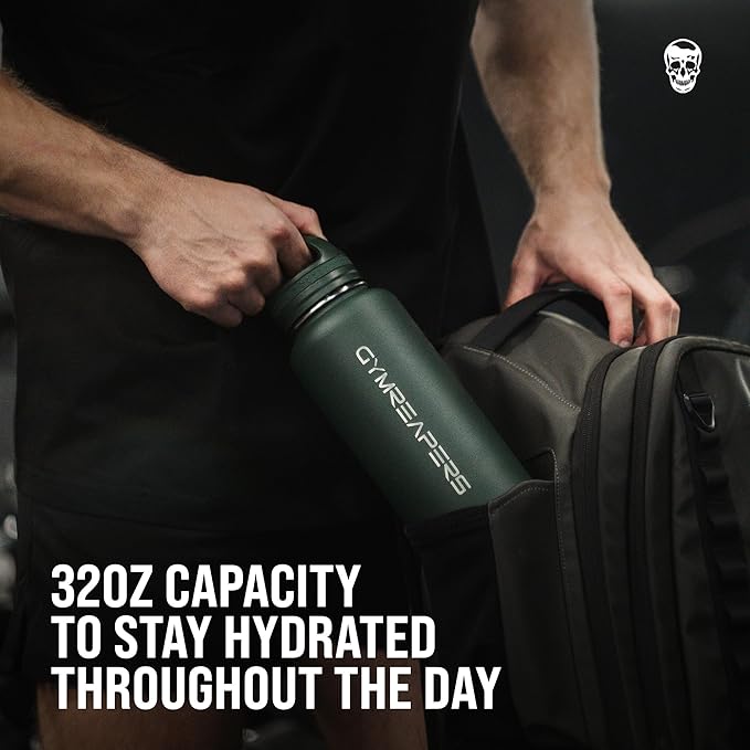 Gymreapers Insulated Water Bottle - Stainless Steel 32 Oz, 3 lids (Straw, Chug, Canteen), Double Walled Vacuum Insulation, Thermo Mug Cold Hot - Durable Powder Coated Finish (Black)