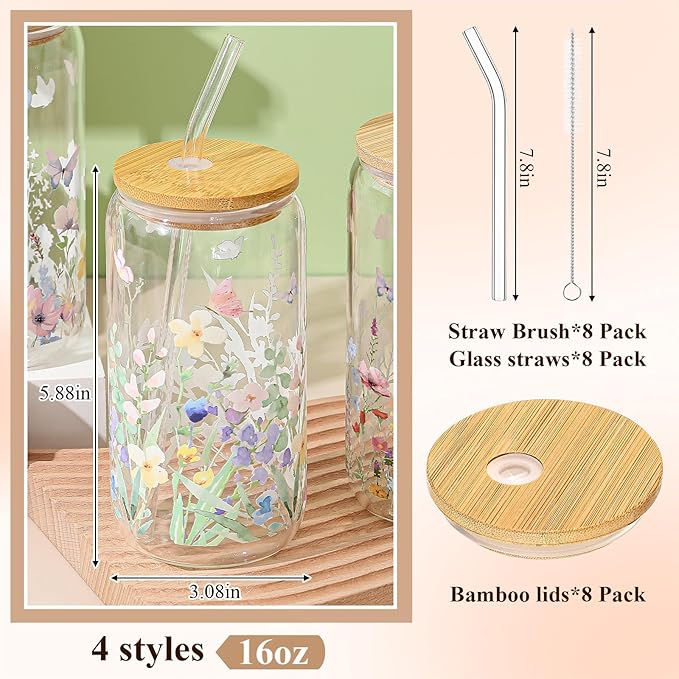 Mumufy 8 Pcs Gift for Women Wild Flower Glass Cup Tumbler Butterfly Iced Coffee Mugs 16 oz Glass with Bamboo Lid & Straw, Christmas Mothers Day Birthday Gift for Mom Sister Bridesmaid Baby Shower