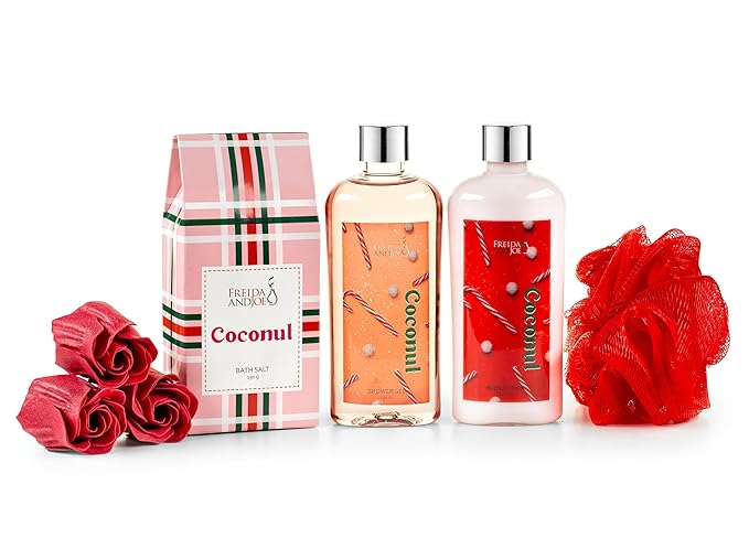 Coconut Spa Gift Basket, 6-Piece Bath & Body Set with Shower Gel, Body Lotion, Bath Salts, Soap Flowers, Bath Sponge in a Wicker Basket (Red & Green Set)