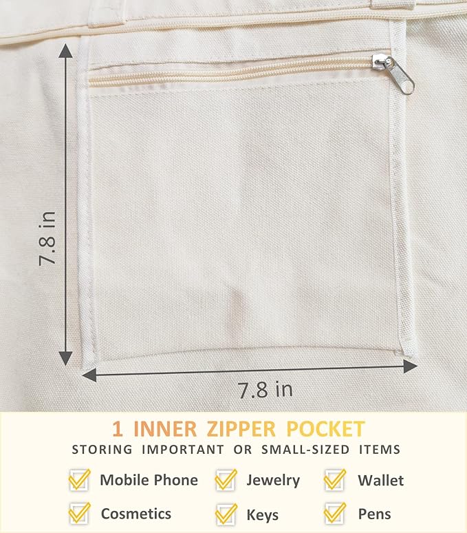 Canvas Tote Bag, Pockets, Zipper, Durable, Lightweight, Cotton Shopping Cloth Bag, Gifts