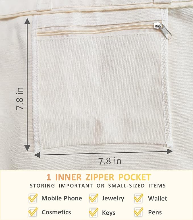 Canvas Tote Bag, Pockets, Zipper, Durable, Lightweight, Cotton Shopping Cloth Bag, Gifts