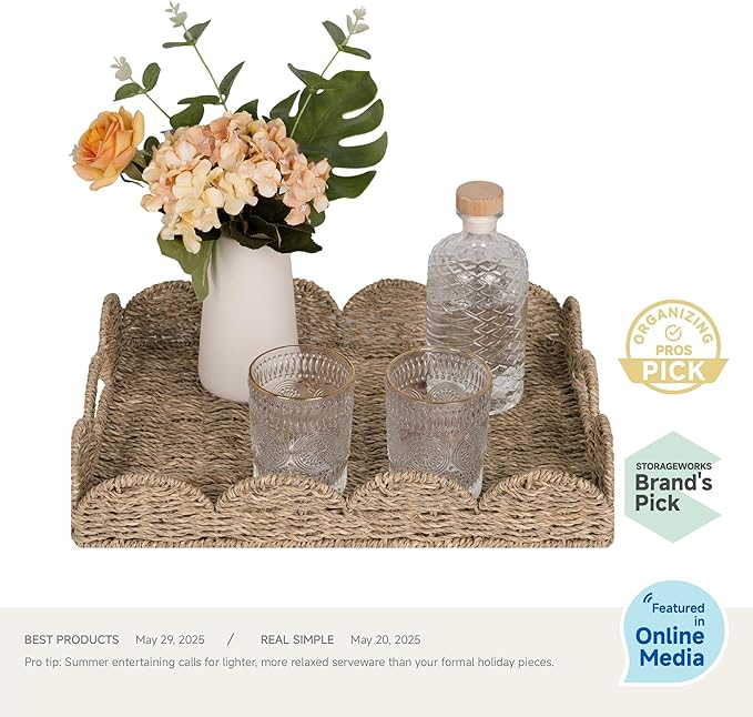 StorageWorks Rectangle Wicker Scalloped Tray, Rattan Serving Trays with Handles, Seagrass Basket for Decorative & Organizing, 15.75" L x 11.5" W x 2.75" H