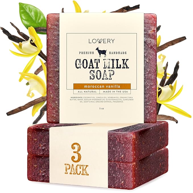 LOVERY (3-Pack Goat Milk Soap Handmade Made in USA with Organic Shea Butter Moroccan Vanilla Scent - Goats Soap Bar, All Natural Soap Bar Made with Organic Goat Milk, 3 Pack, Net 15oz.